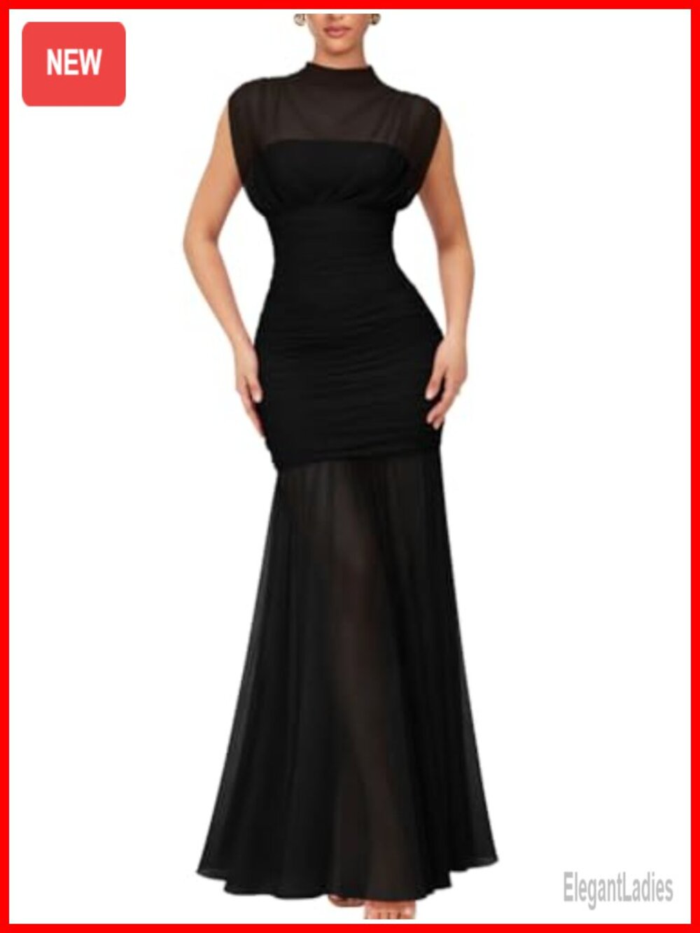 Sleeveless Mesh High Neck Ruched Cocktail Maxi Dress A-Line Formal